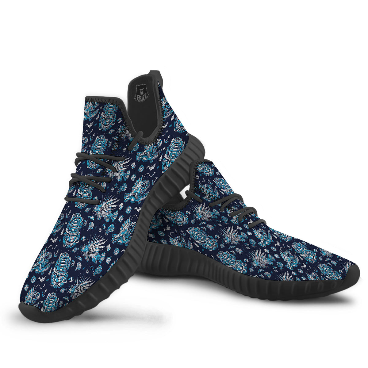 Underwater Blue Tattoo Print Pattern Black Walking Shoes-grizzshop