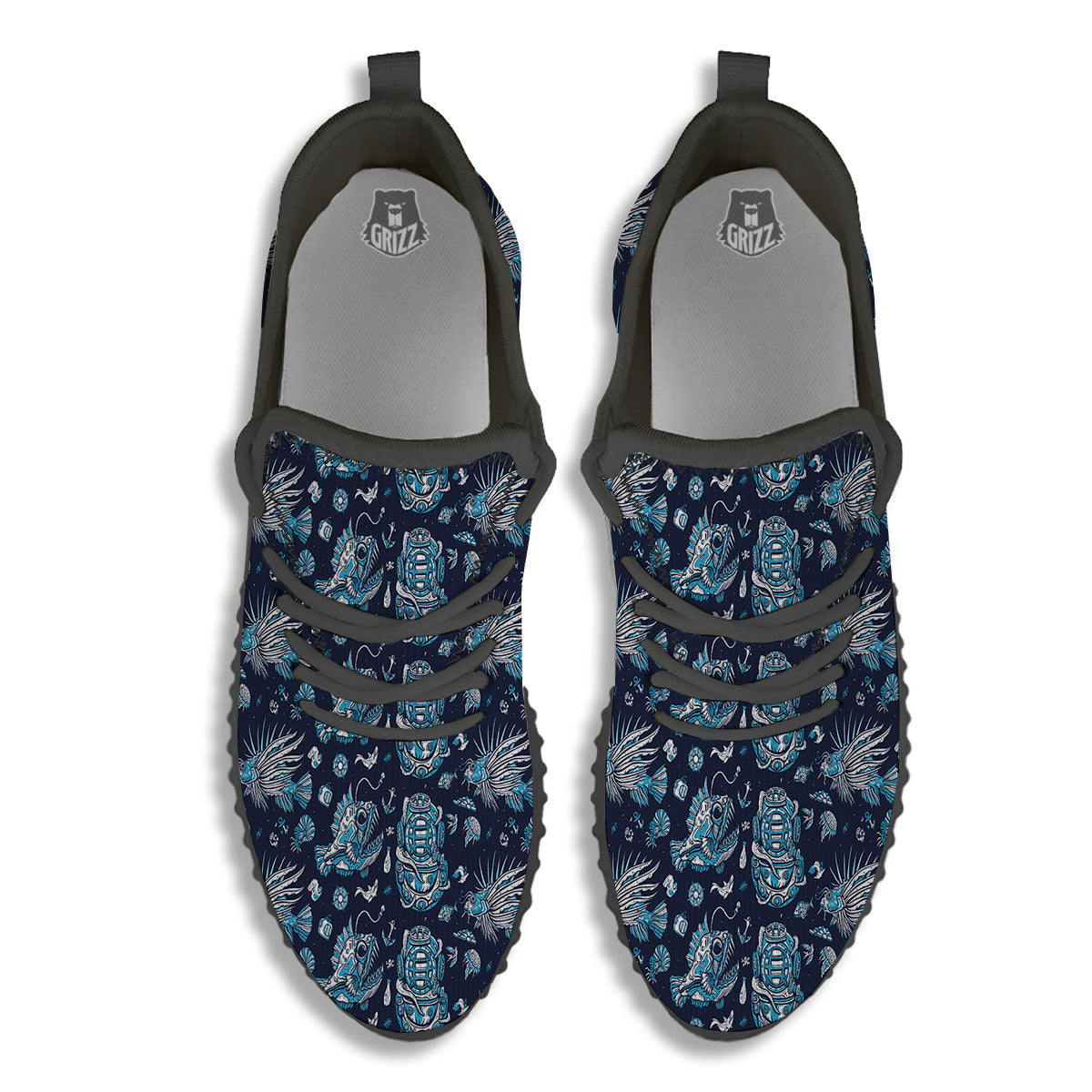 Underwater Blue Tattoo Print Pattern Black Walking Shoes-grizzshop