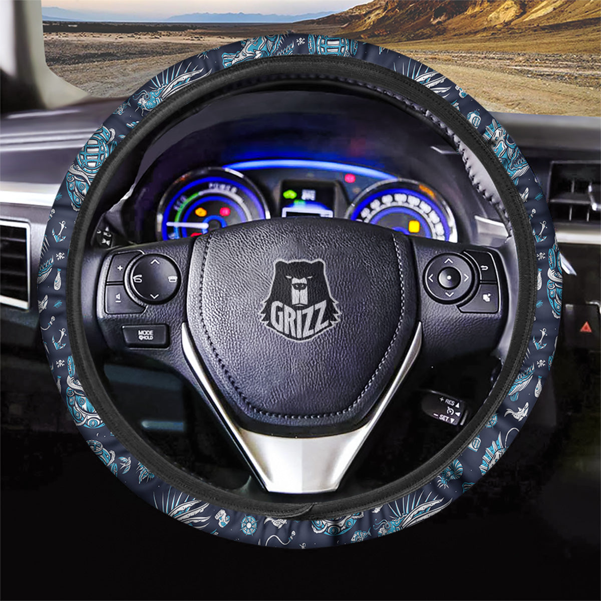 Underwater Blue Tattoo Print Pattern Car Steering Wheel Cover-grizzshop