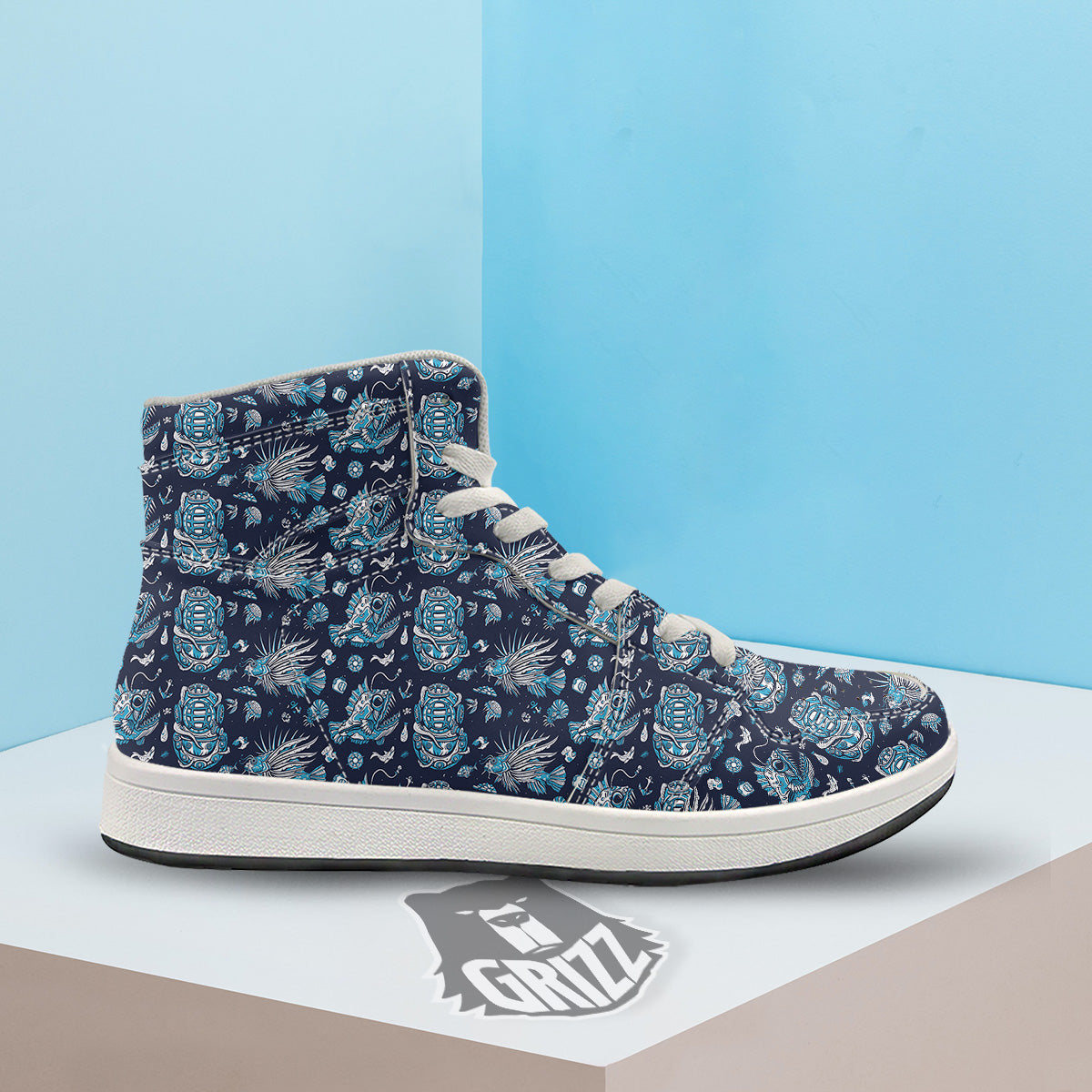 Underwater Blue Tattoo Print Pattern High Top Sneakers-grizzshop