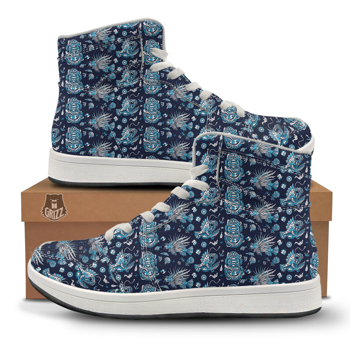 Underwater Blue Tattoo Print Pattern High Top Sneakers-grizzshop