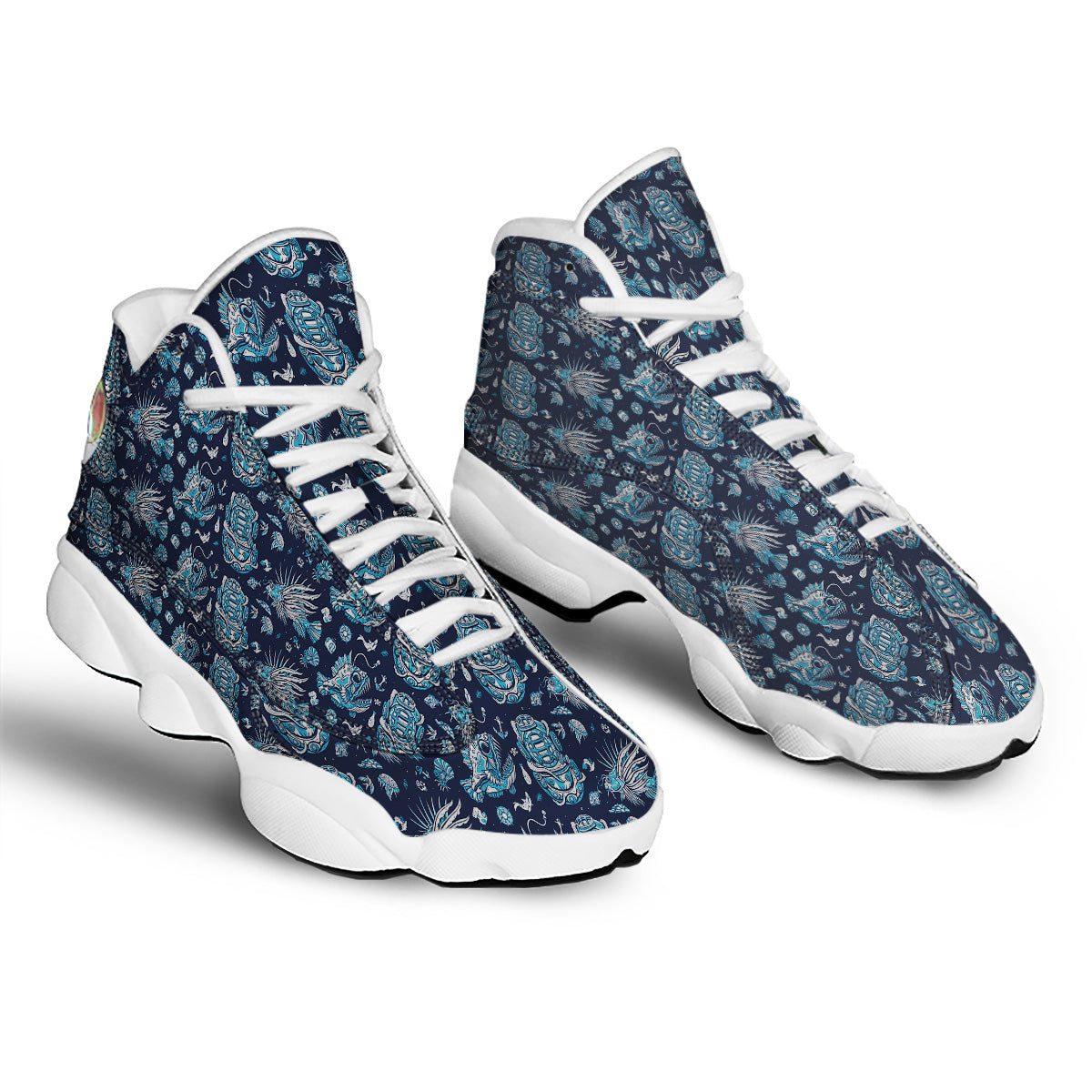 Underwater Blue Tattoo Print Pattern White Basketball Shoes-grizzshop