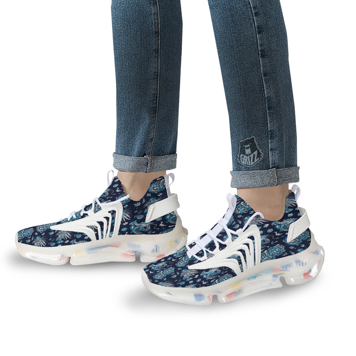 Underwater Blue Tattoo Print Pattern White Gym Shoes-grizzshop