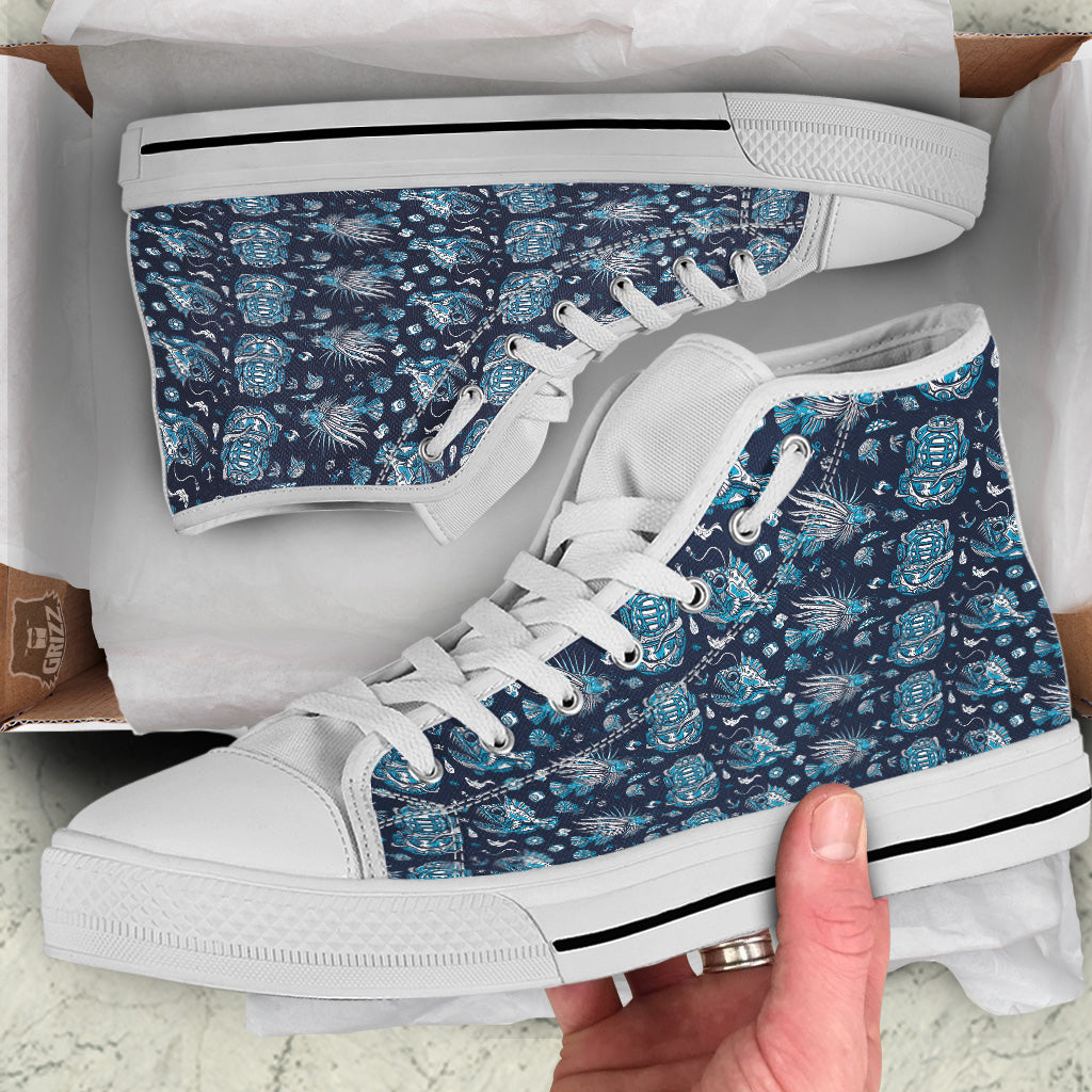 Underwater Blue Tattoo Print Pattern White High Top Shoes-grizzshop