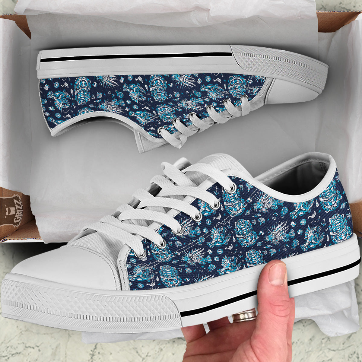 Underwater Blue Tattoo Print Pattern White Low Top Shoes-grizzshop