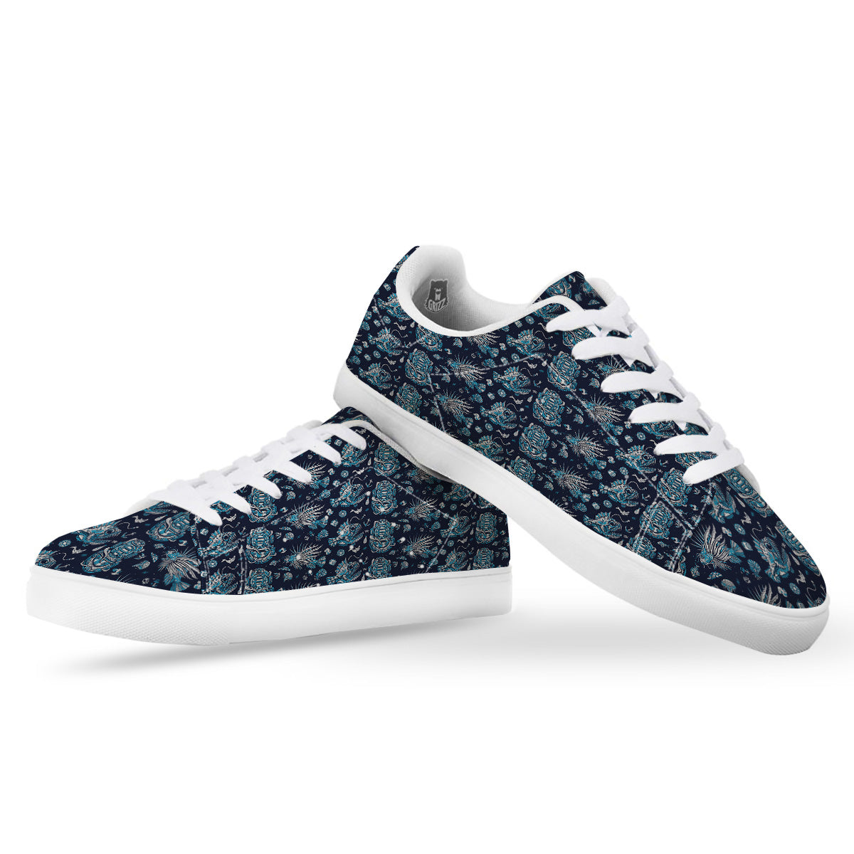 Underwater Blue Tattoo Print Pattern White Low Top Sneakers-grizzshop