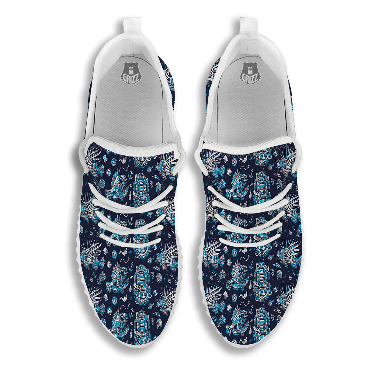 Underwater Blue Tattoo Print Pattern White Walking Shoes-grizzshop