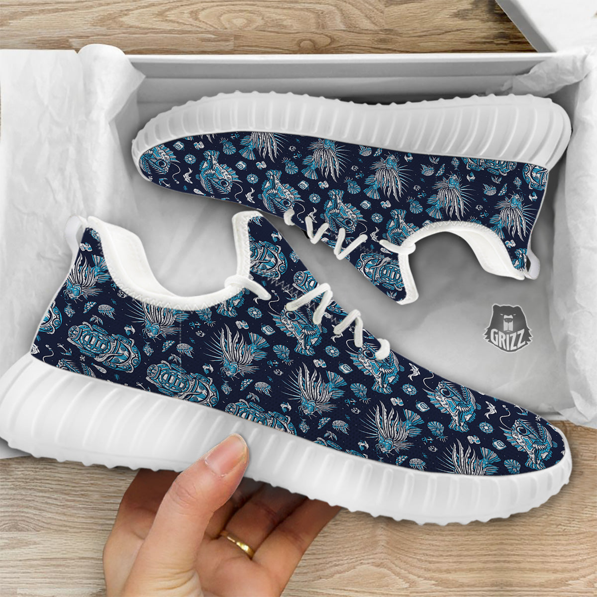 Underwater Blue Tattoo Print Pattern White Walking Shoes-grizzshop