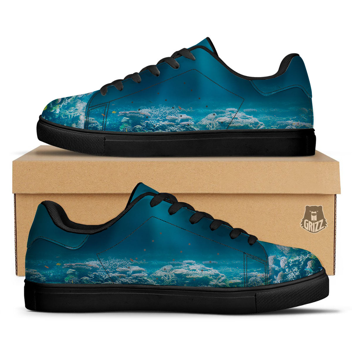 Underwater Ocean Print Black Low Top Sneakers-grizzshop