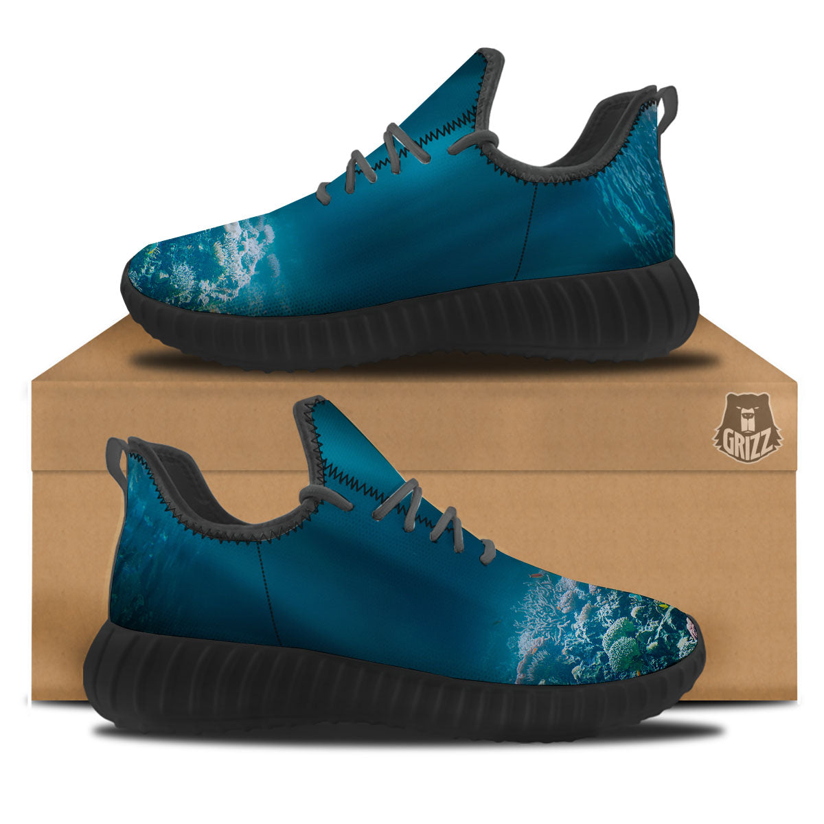 Underwater Ocean Print Black Walking Shoes-grizzshop
