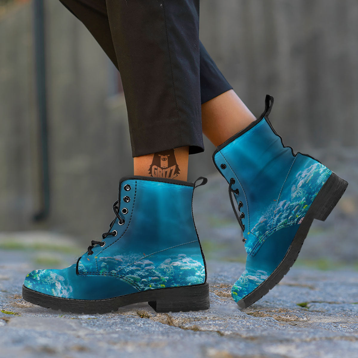 Underwater Ocean Print Leather Boots-grizzshop