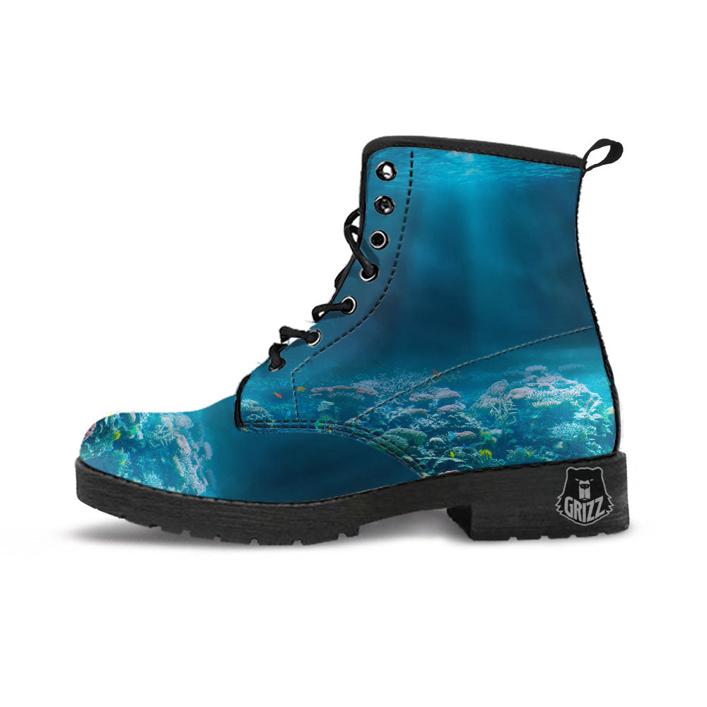 Underwater Ocean Print Leather Boots-grizzshop