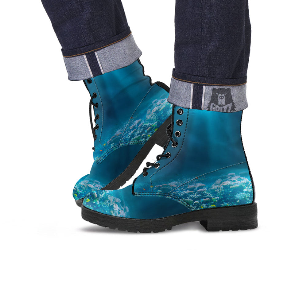 Underwater Ocean Print Leather Boots-grizzshop