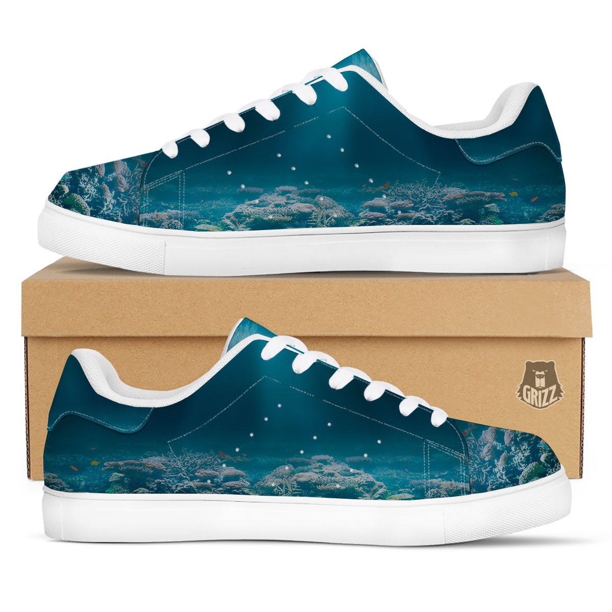 Underwater Ocean Print White Low Top Sneakers-grizzshop