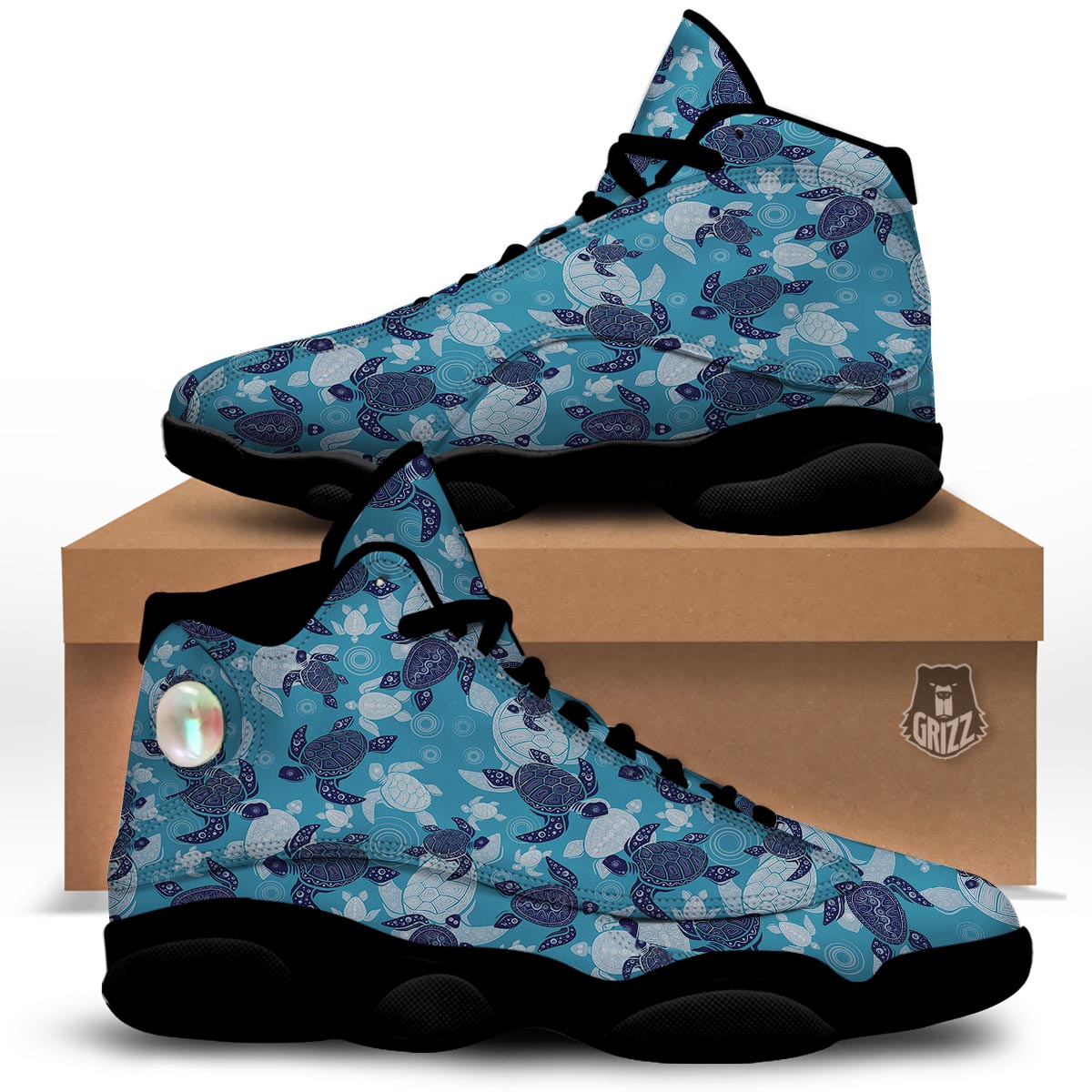 Underwater Sea Turtle Family Print Pattern Black Basketball Shoes-grizzshop