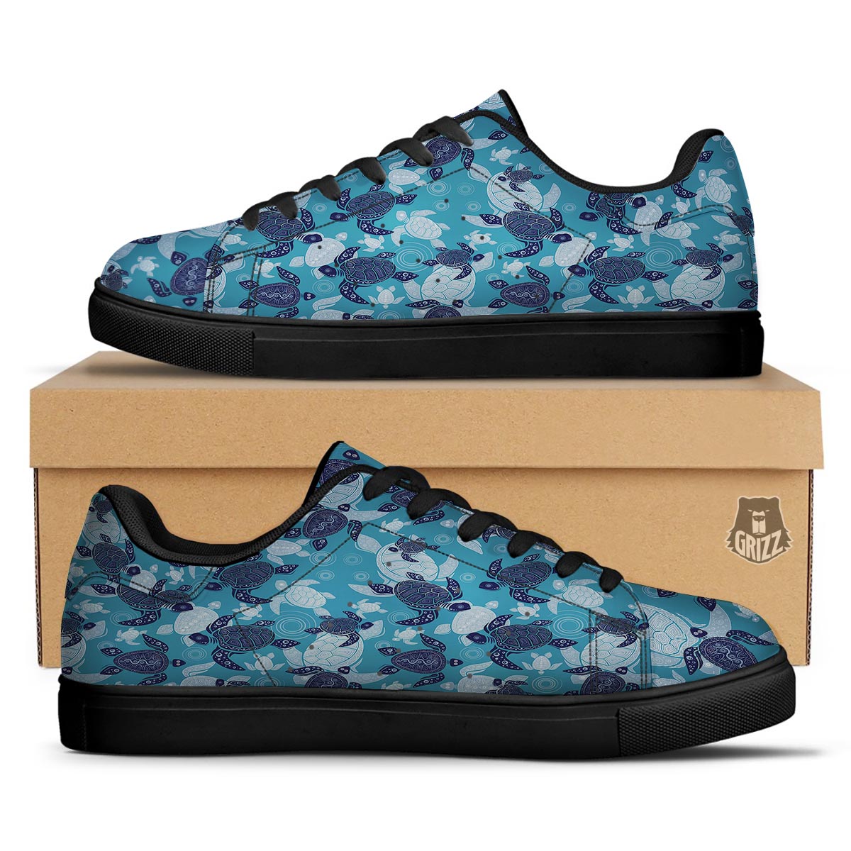 Underwater Sea Turtle Family Print Pattern Black Low Top Sneakers-grizzshop