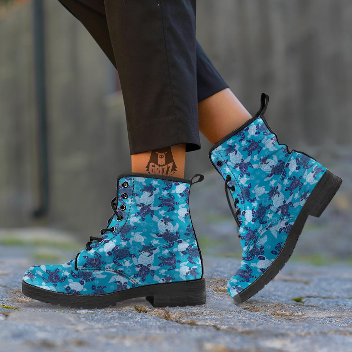Underwater Sea Turtle Family Print Pattern Leather Boots-grizzshop