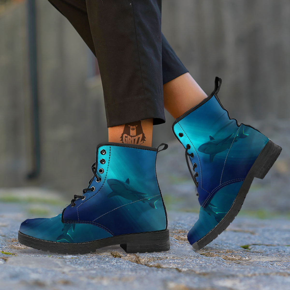 Underwear Shark Print Leather Boots-grizzshop