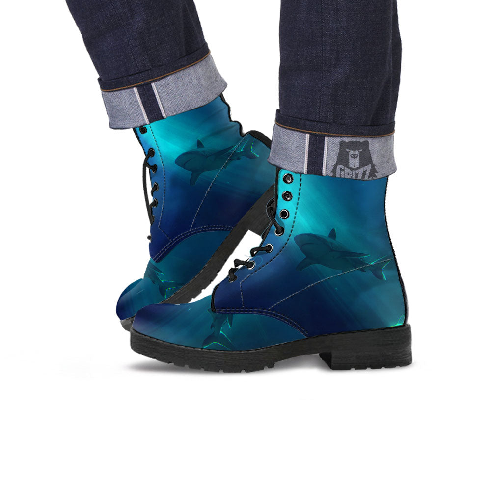 Underwear Shark Print Leather Boots-grizzshop