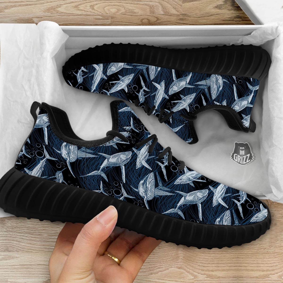 Underwear Shark Print Pattern Black Walking Shoes-grizzshop