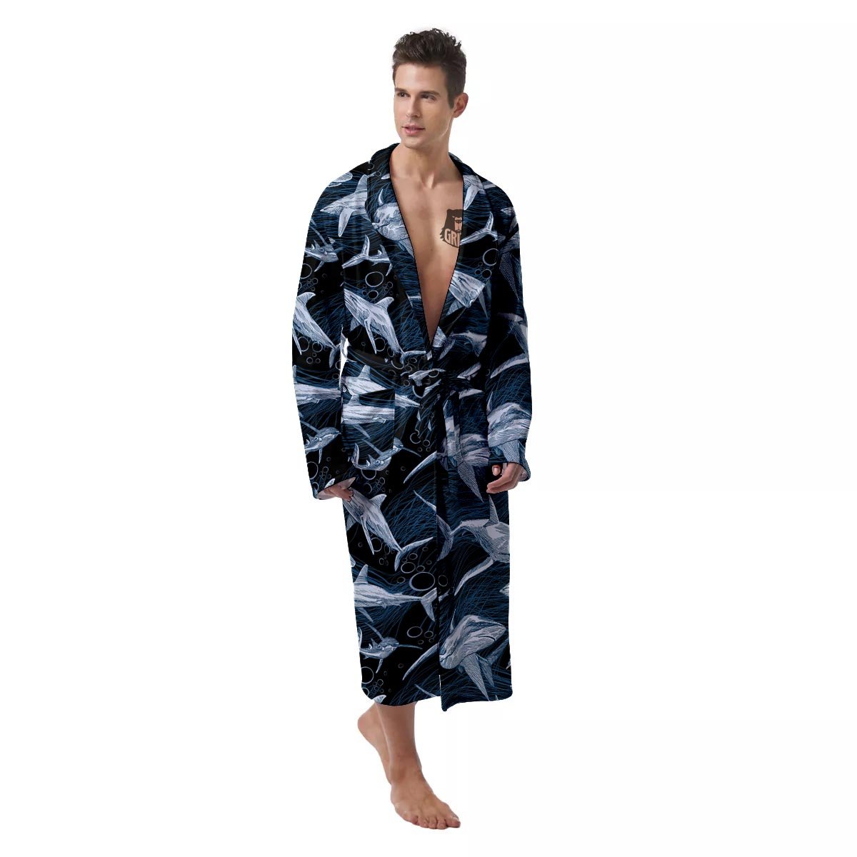 Underwear Shark Print Pattern Men's Robe-grizzshop