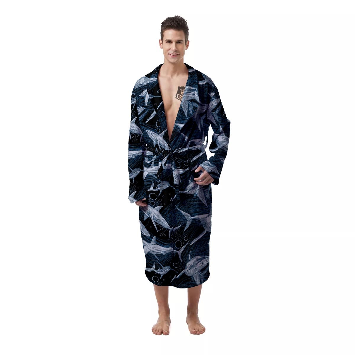 Underwear Shark Print Pattern Men's Robe-grizzshop