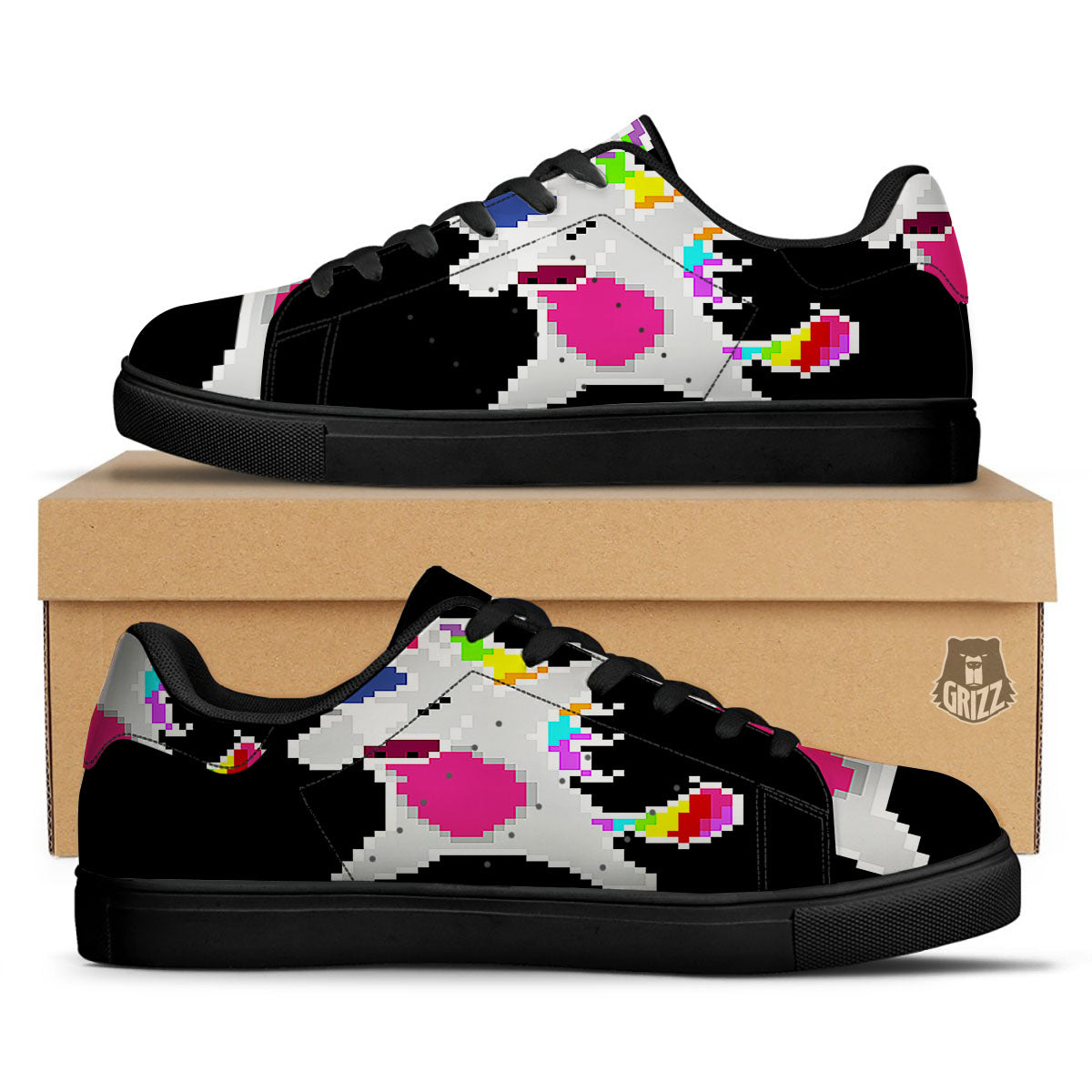 Unicorn 8-Bit Pixel Print Black Low Top Sneakers-grizzshop