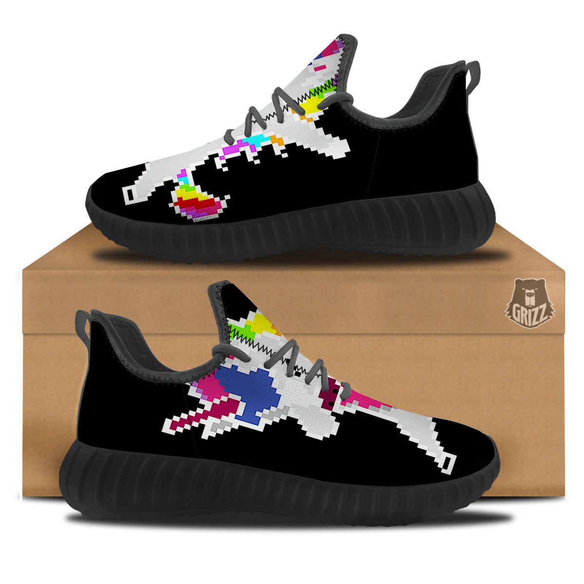 Unicorn 8-Bit Pixel Print Black Walking Shoes-grizzshop