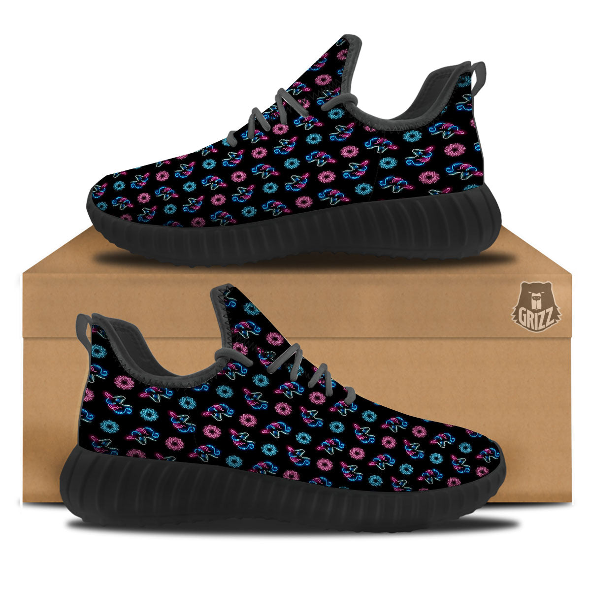 Unicorn Black Girly Print Pattern Black Walking Shoes-grizzshop