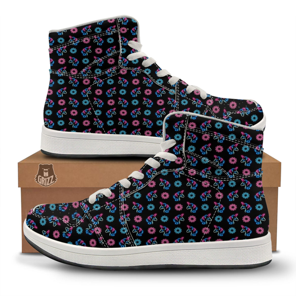 Unicorn Black Girly Print Pattern High Top Sneakers-grizzshop