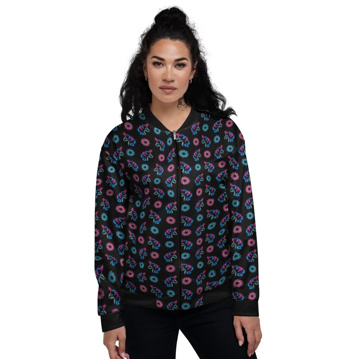 Unicorn Black Girly Print Pattern Women's Bomber Jacket-grizzshop