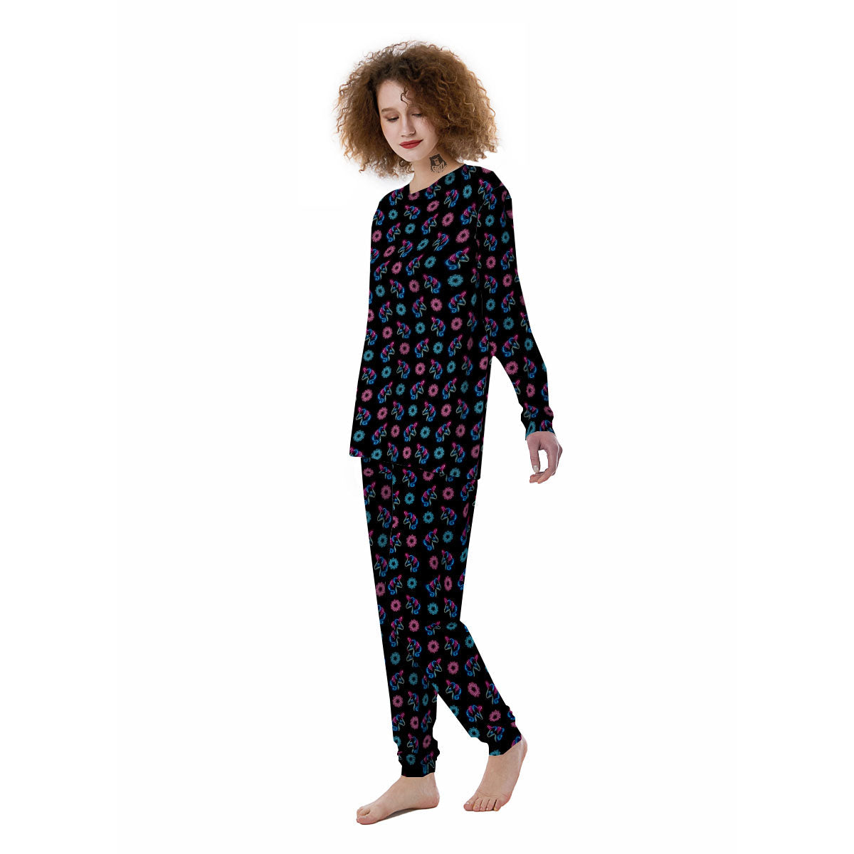 Unicorn Black Girly Print Pattern Women's Pajamas-grizzshop