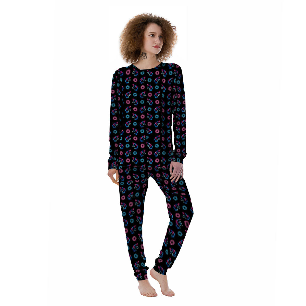 Unicorn Black Girly Print Pattern Women's Pajamas-grizzshop