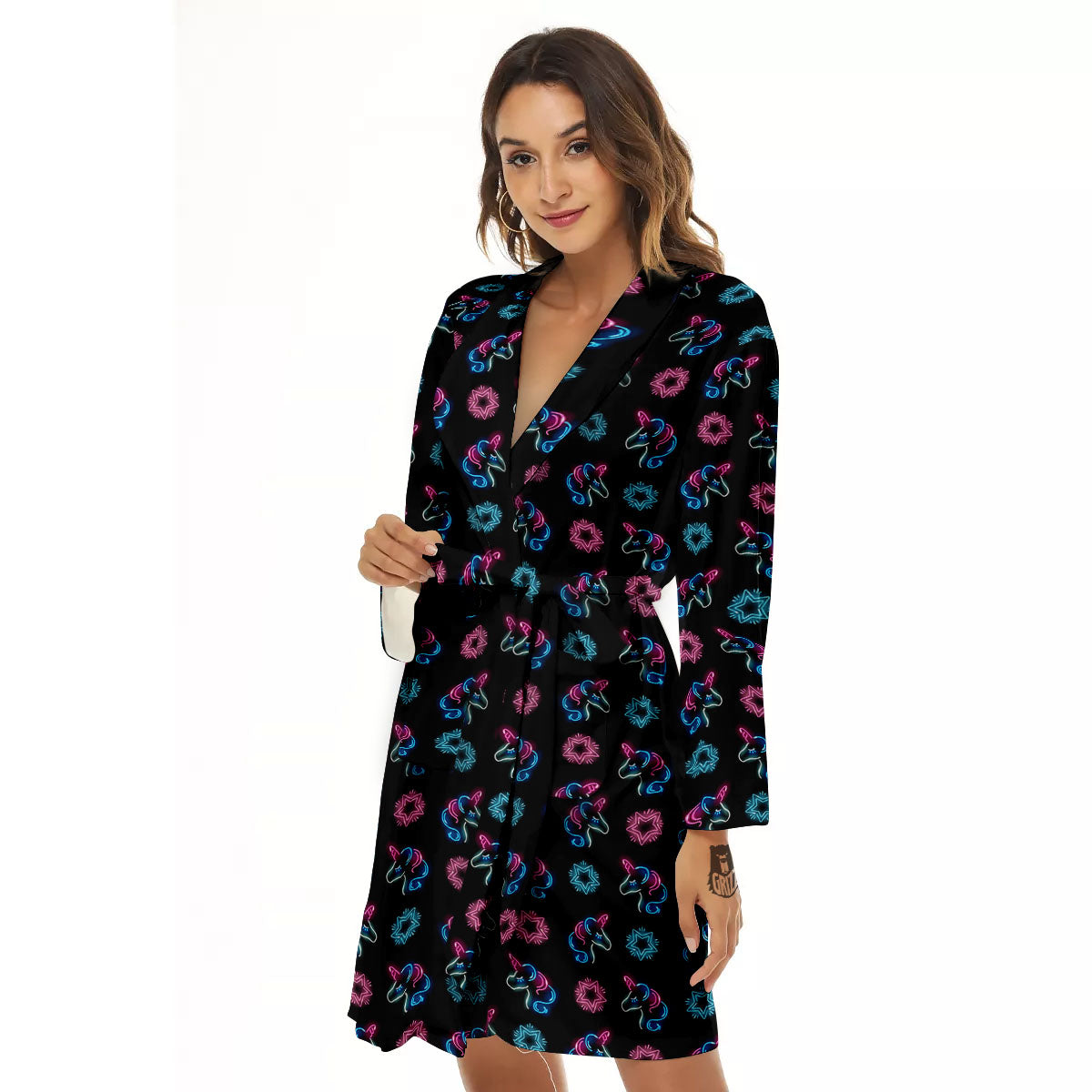 Unicorn Black Girly Print Pattern Women's Robe-grizzshop