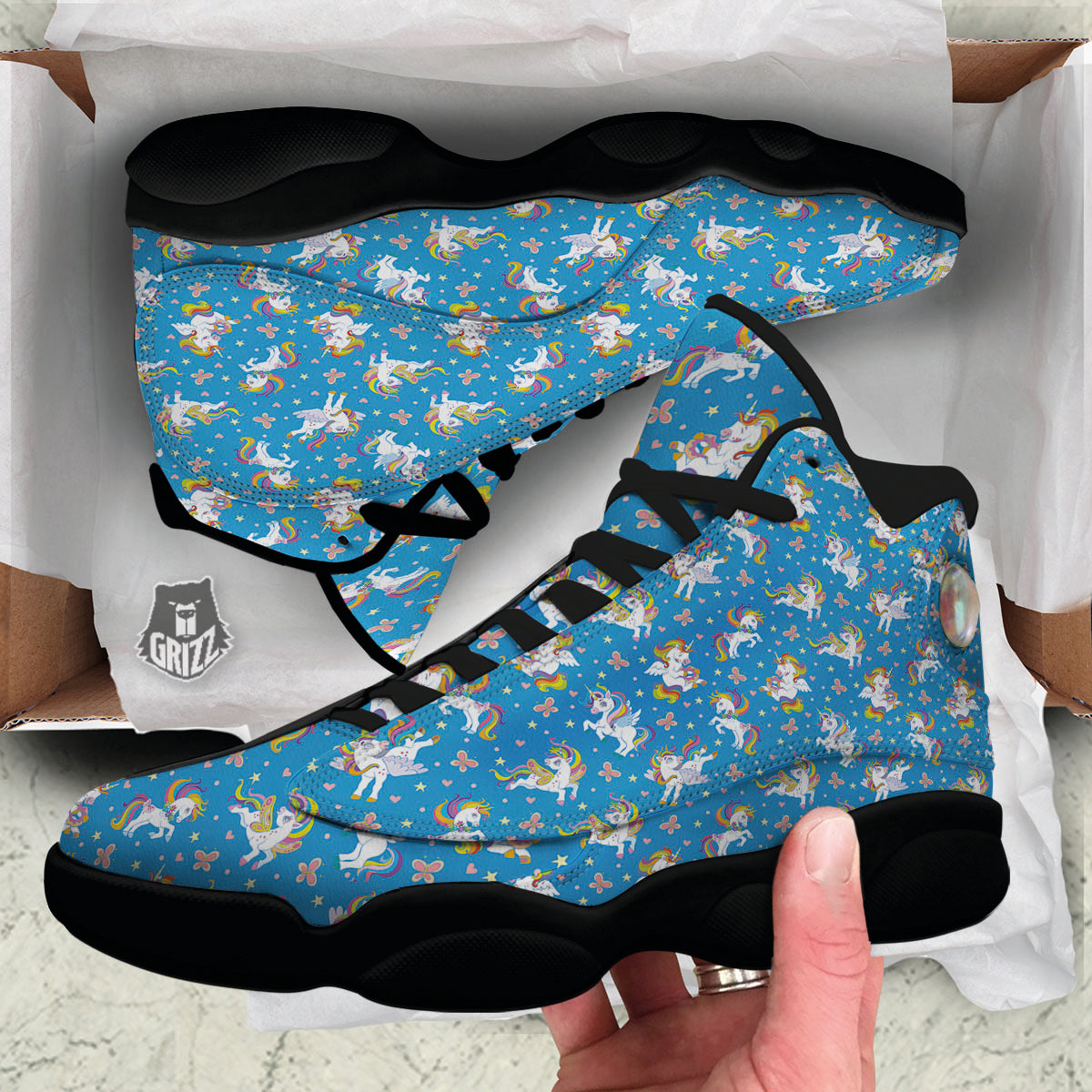 Unicorn Blue Rainbow Print Pattern Black Basketball Shoes-grizzshop