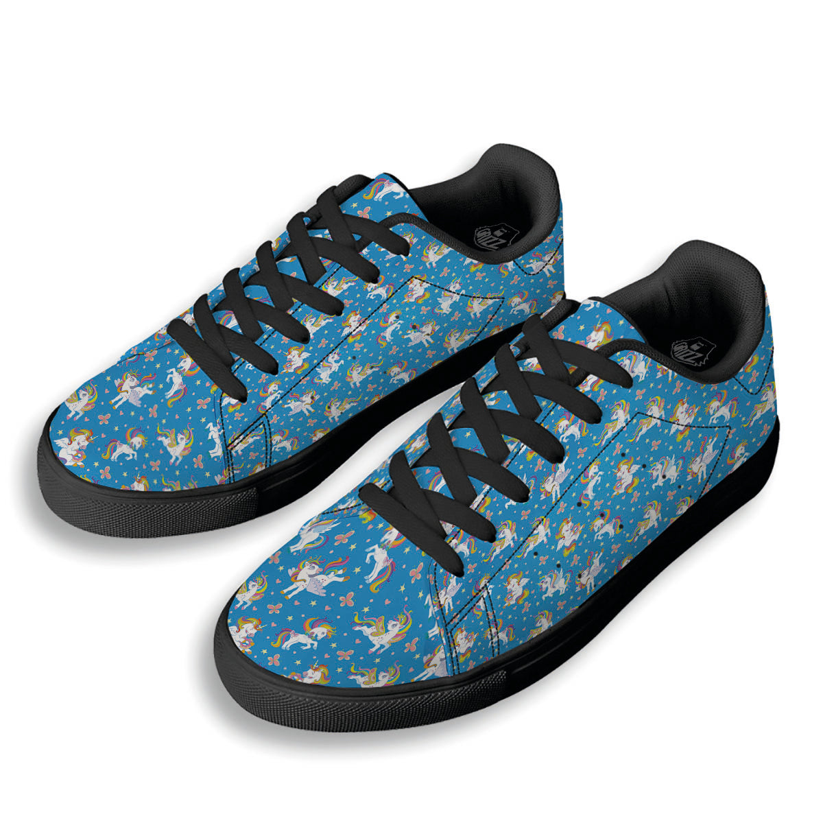 Unicorn Blue Rainbow Print Pattern Black Low Top Sneakers-grizzshop