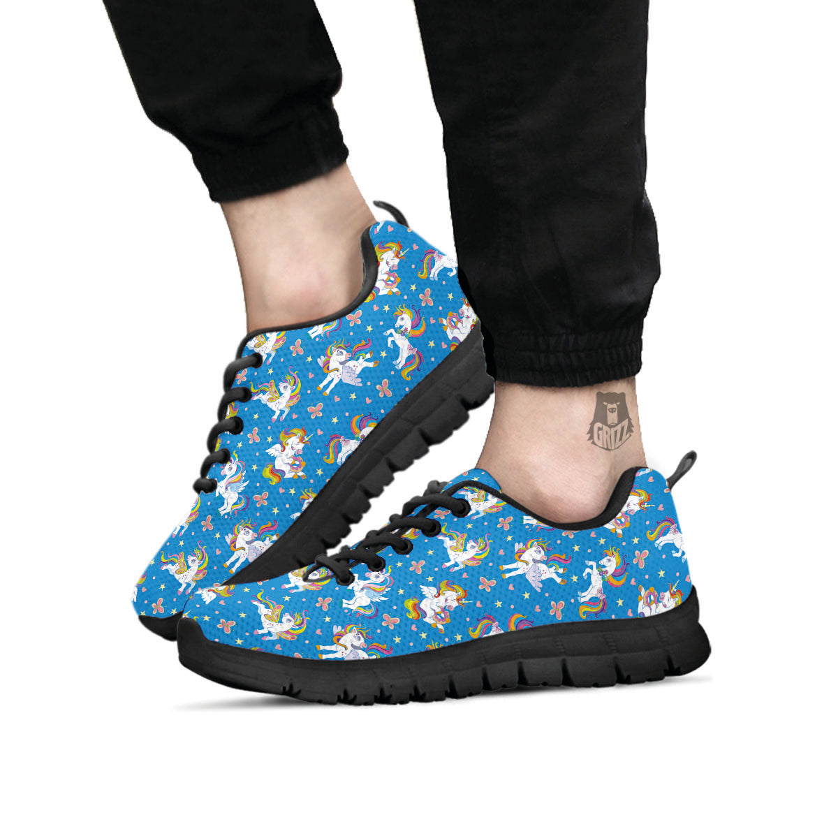 Unicorn Blue Rainbow Print Pattern Black Sneaker-grizzshop