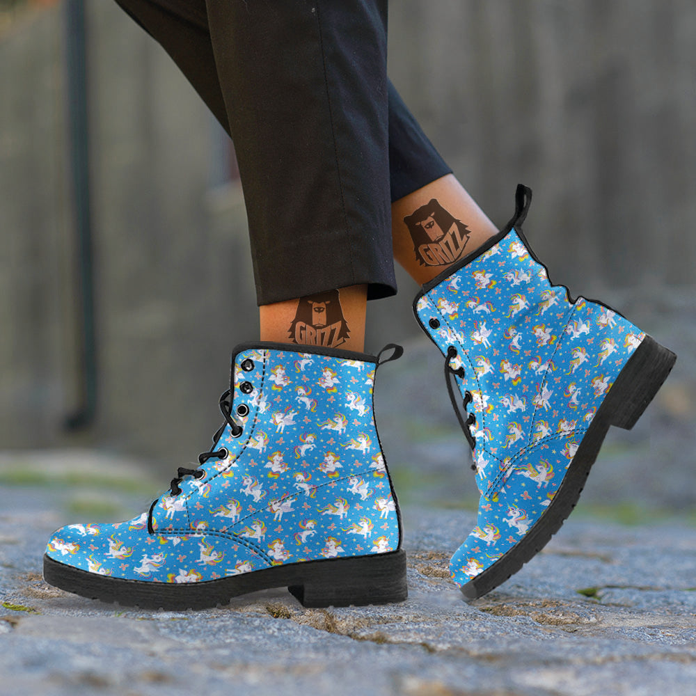 Unicorn Blue Rainbow Print Pattern Leather Boots-grizzshop