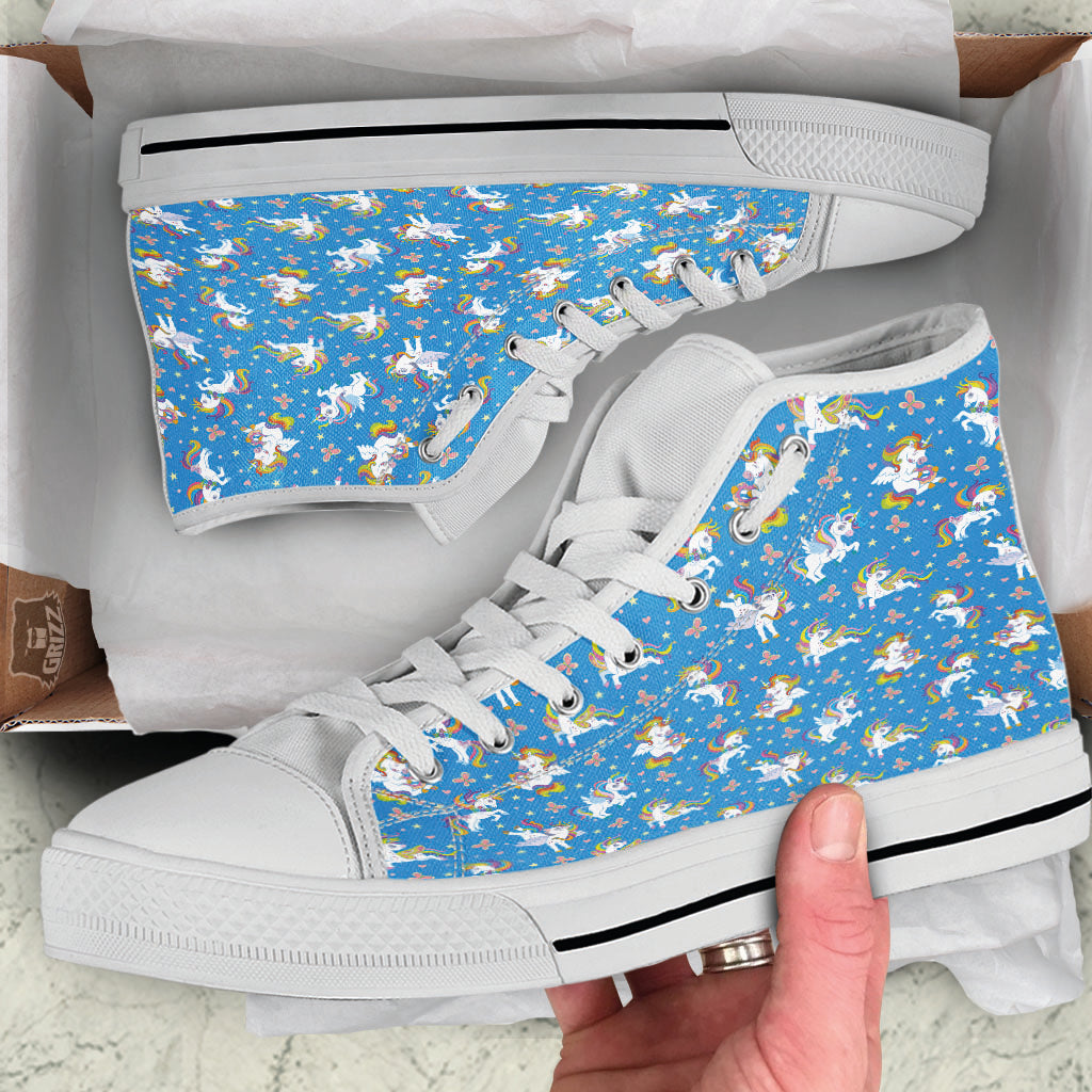 Unicorn Blue Rainbow Print Pattern White High Top Shoes-grizzshop
