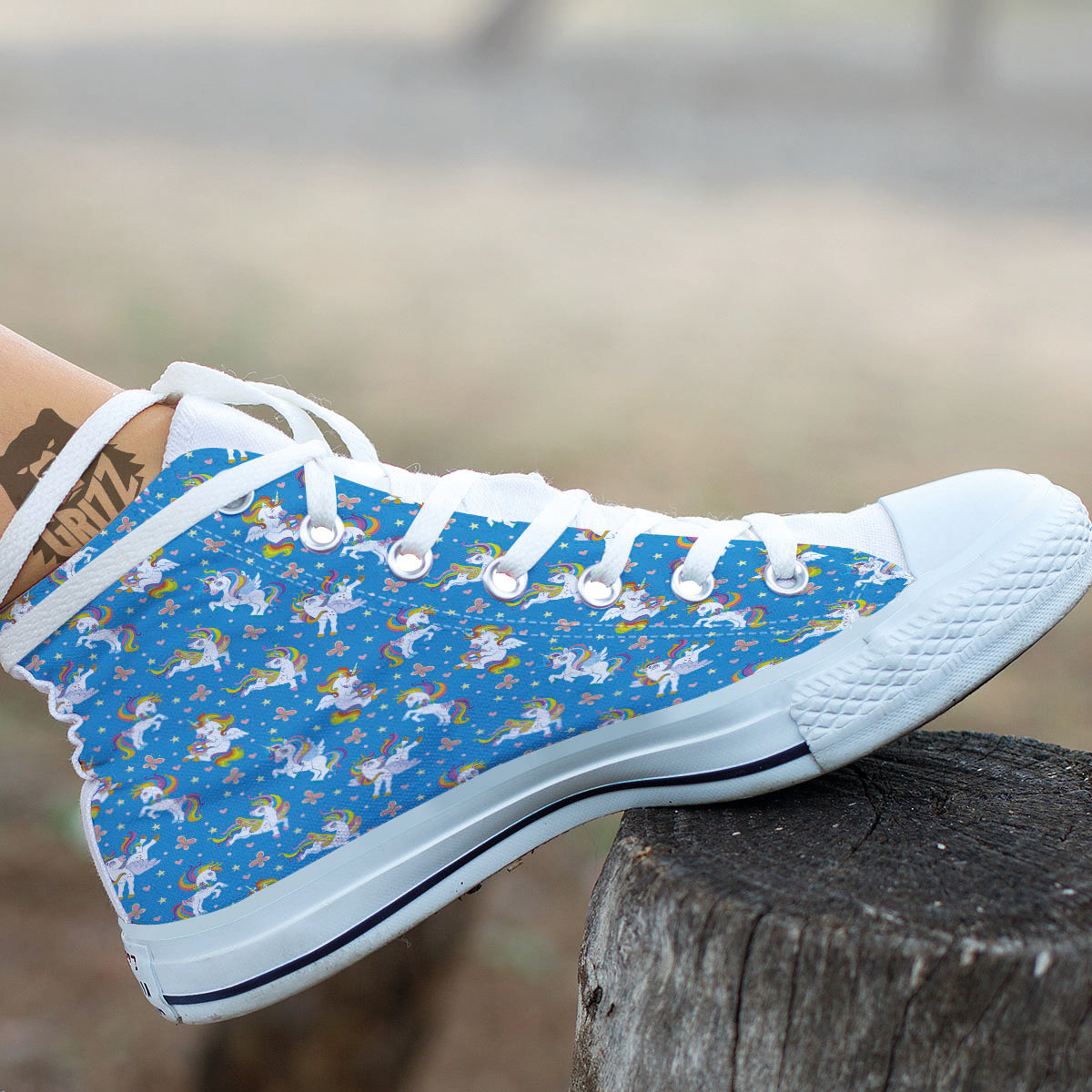 Unicorn Blue Rainbow Print Pattern White High Top Shoes-grizzshop