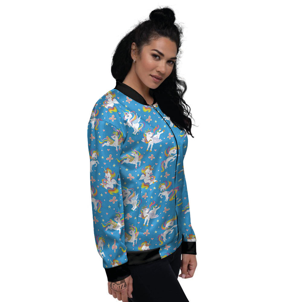 Unicorn Blue Rainbow Print Pattern Women's Bomber Jacket-grizzshop