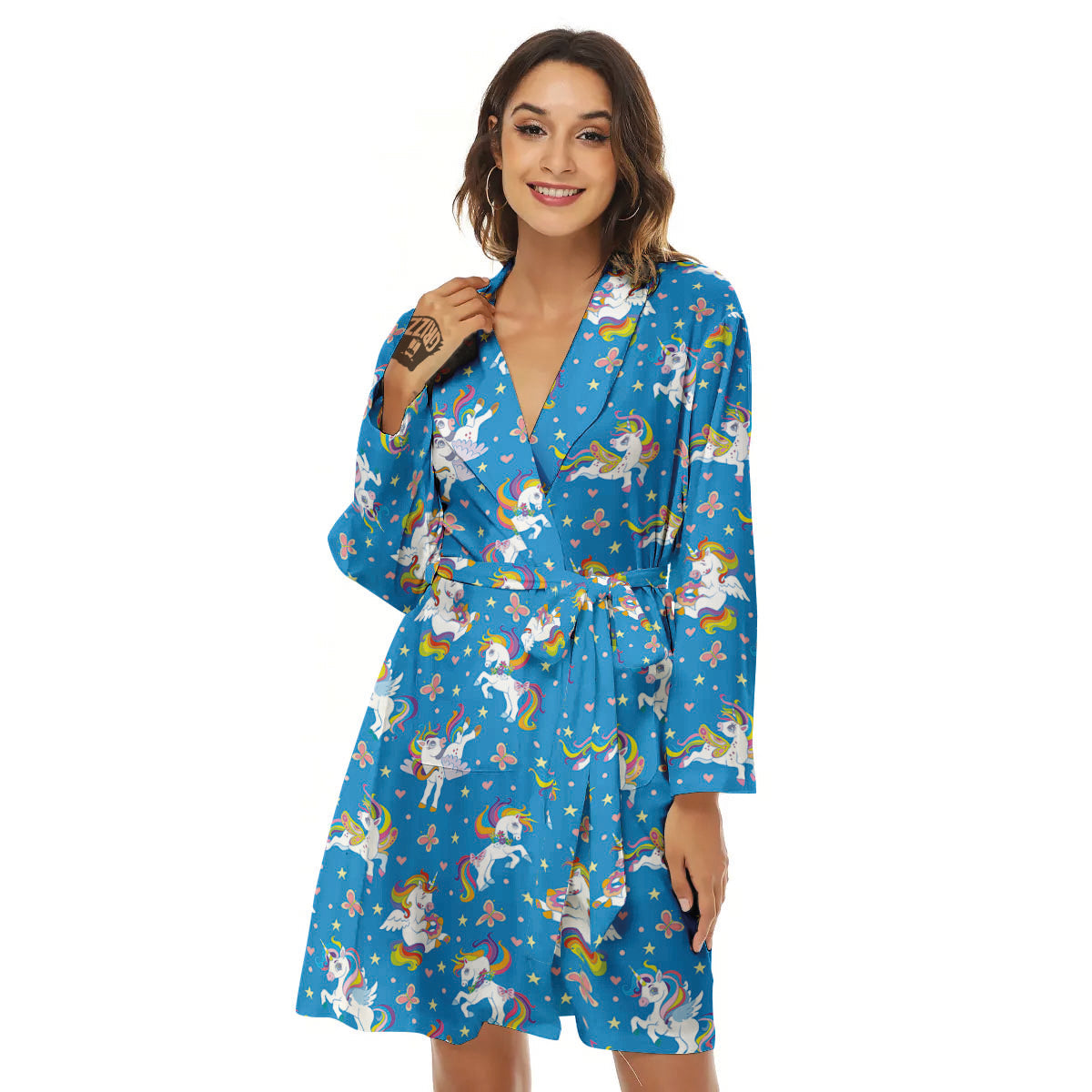 Unicorn Blue Rainbow Print Pattern Women's Robe-grizzshop
