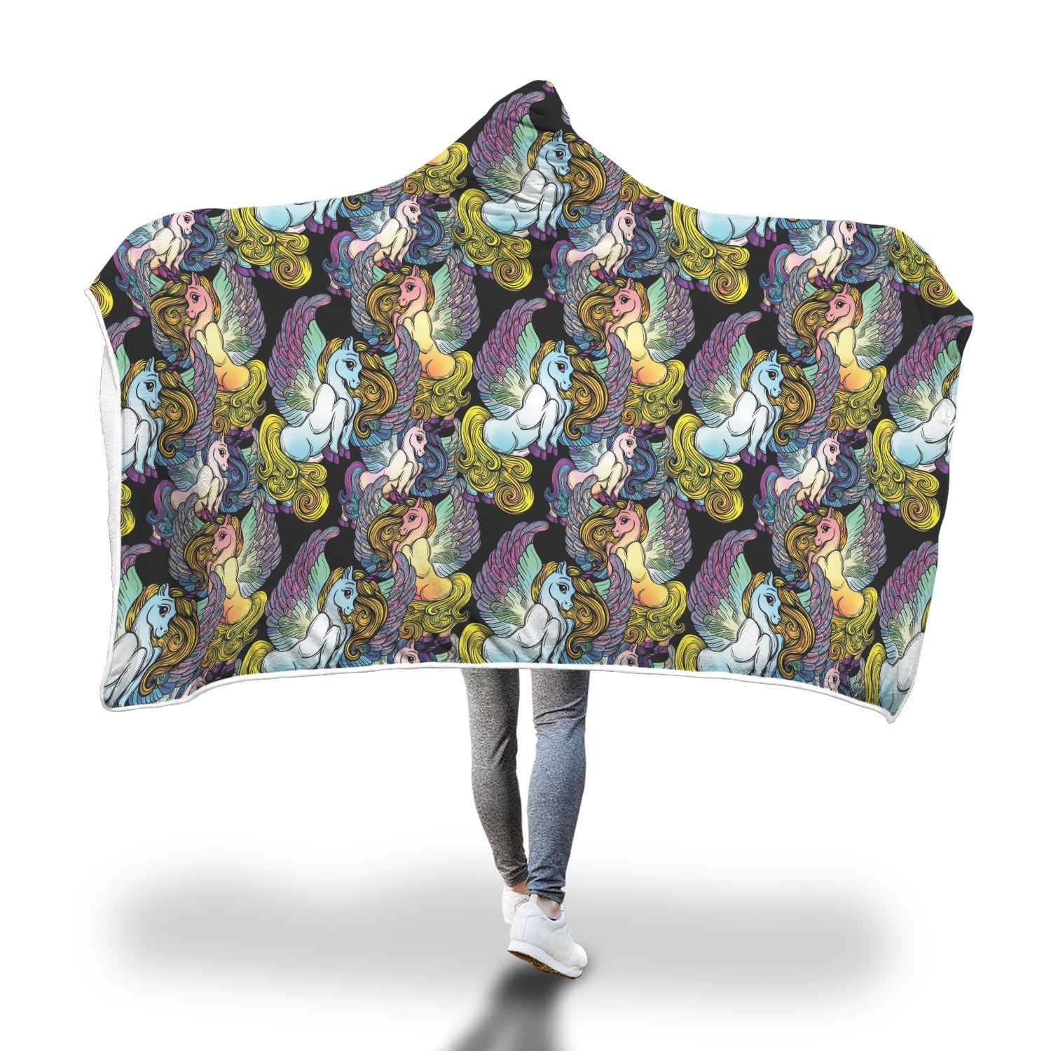 Unicorn Cartoon Pattern Print Hooded Blanket-grizzshop