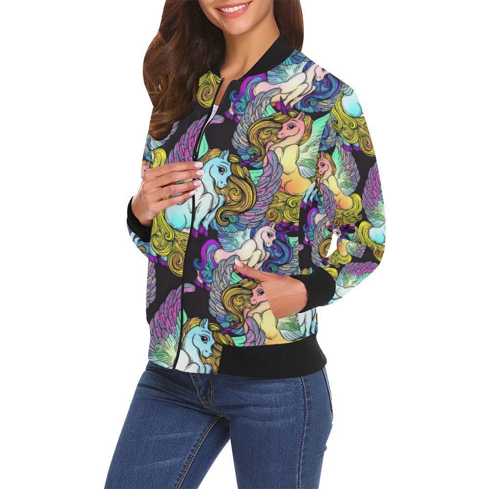 Unicorn Cartoon Pattern Print Women Casual Bomber Jacket-grizzshop