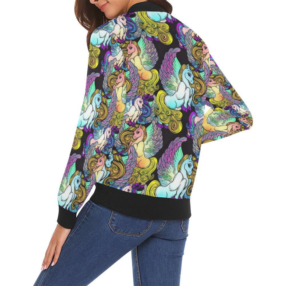 Unicorn Cartoon Pattern Print Women Casual Bomber Jacket-grizzshop