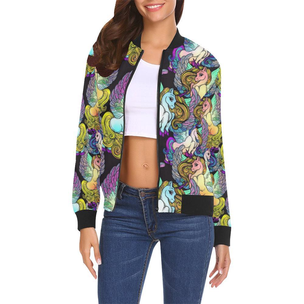 Unicorn Cartoon Pattern Print Women Casual Bomber Jacket-grizzshop