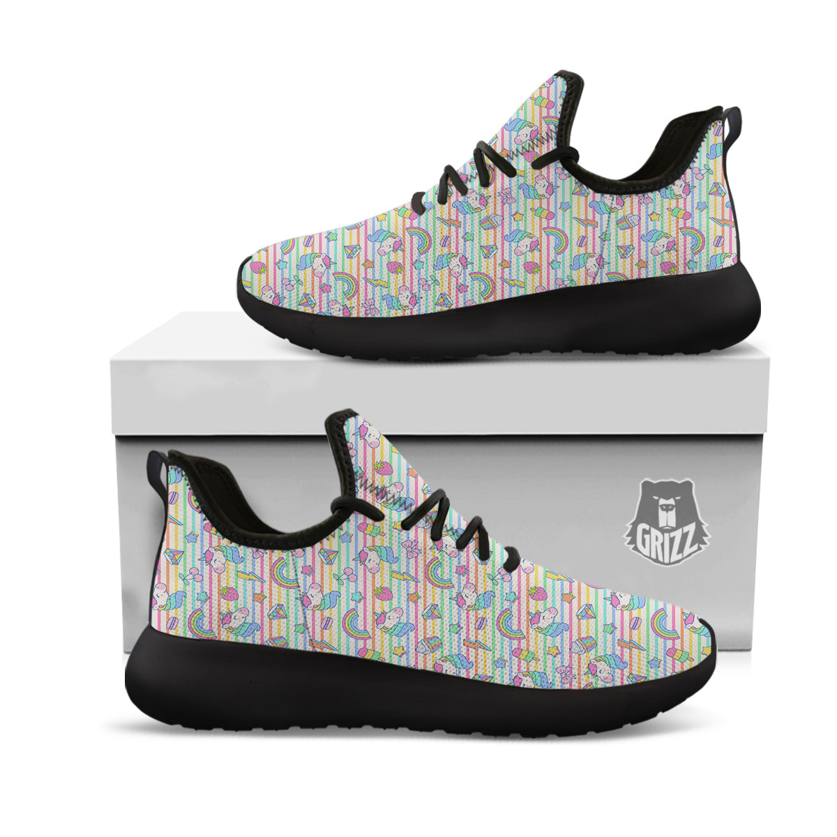 Unicorn Cute Rainbow Print Pattern Black Athletic Shoes-grizzshop