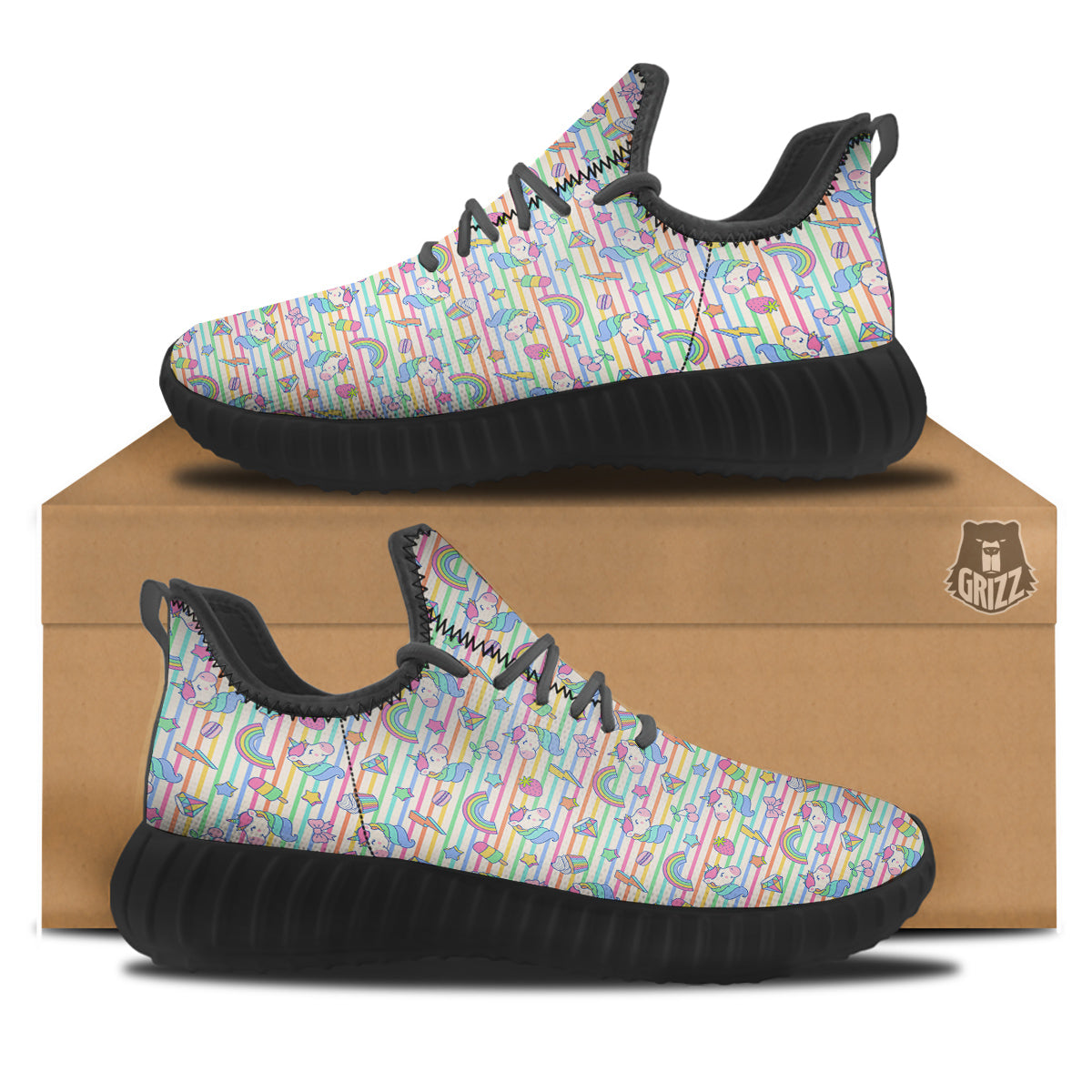 Unicorn Cute Rainbow Print Pattern Black Walking Shoes-grizzshop
