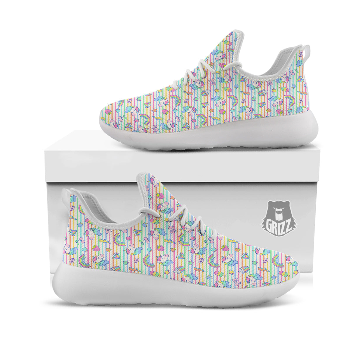 Unicorn Cute Rainbow Print Pattern White Athletic Shoes-grizzshop