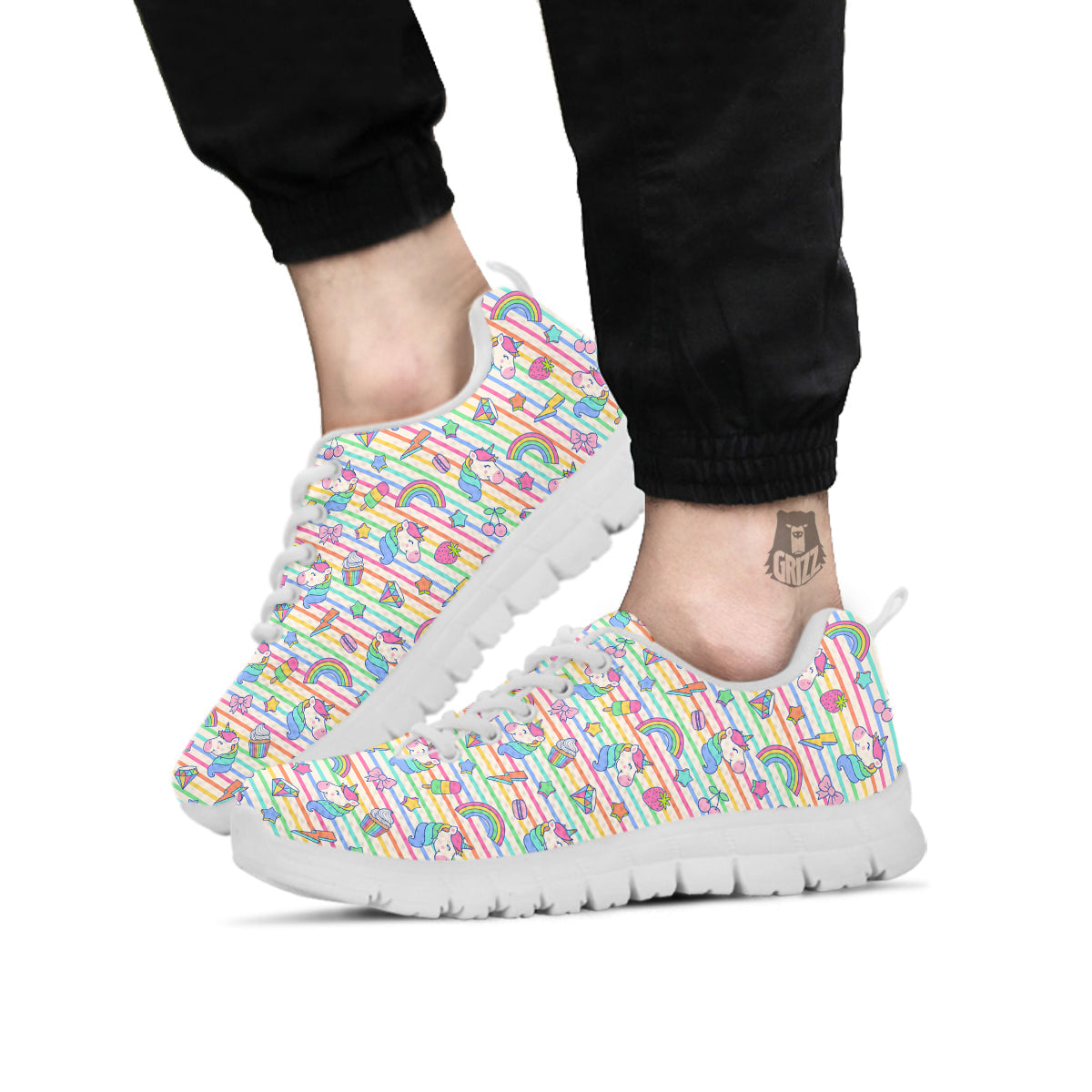 Unicorn Cute Rainbow Print Pattern White Sneaker-grizzshop